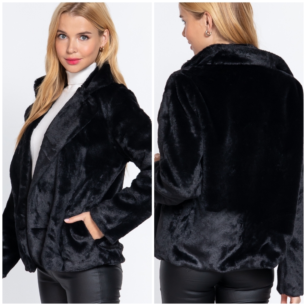 Sophisticated Chic Classic Black Faux Fur Open Coat - Picture 4 of 7